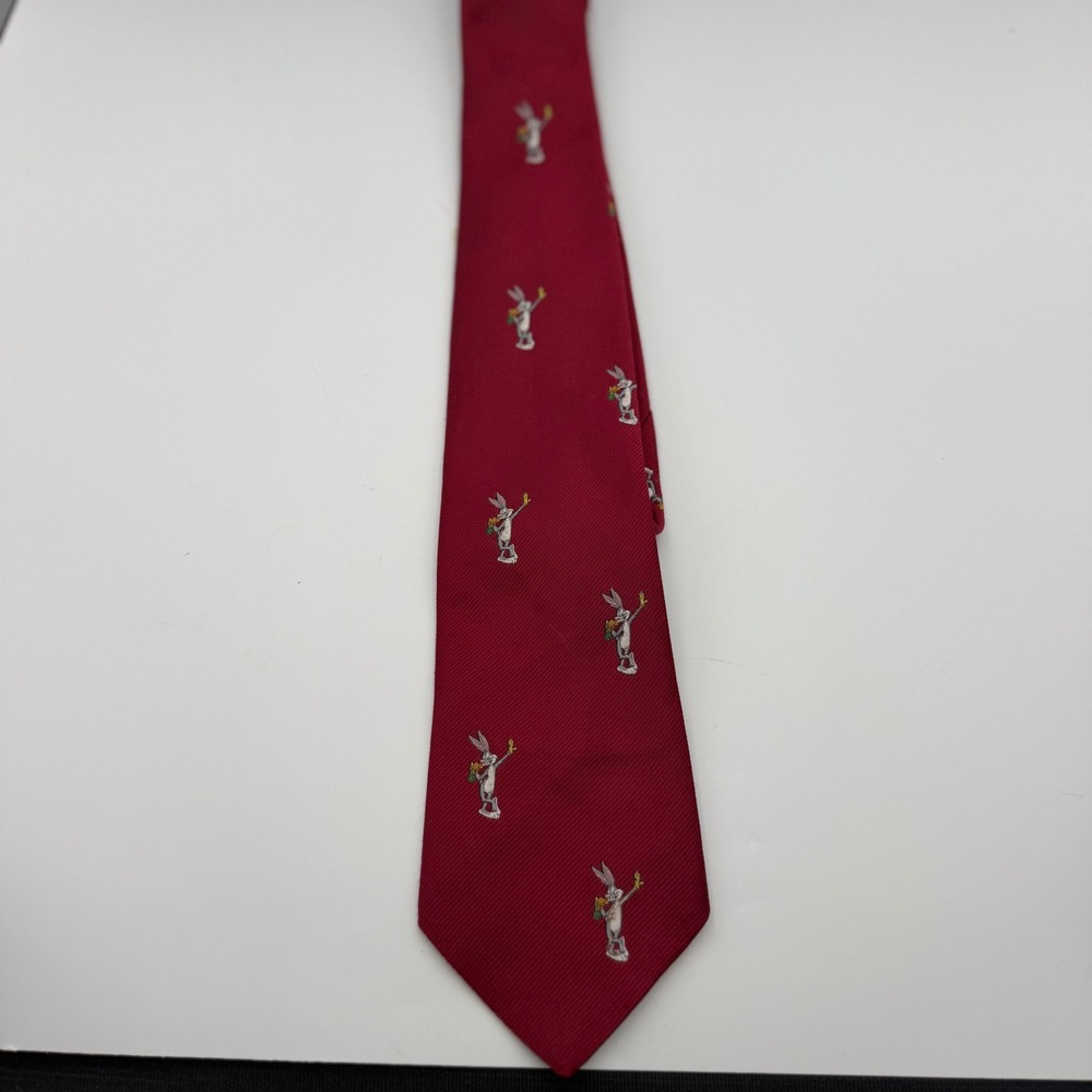 Warner Bros Looney Tunes Bugs Bunny Burgundy Red Embroidered Silk Necktie